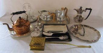 Various silver plate inc trays, coffee pot, candlesticks etc and brassware