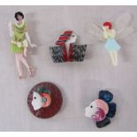 5 brand new Lea Stein style brooches inc fairy and Art Deco ladies