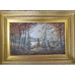 Large gilt framed oil on canvas 'Golden Autumn' by T Sturrock dated to rear 6 June 1913 106 cm x