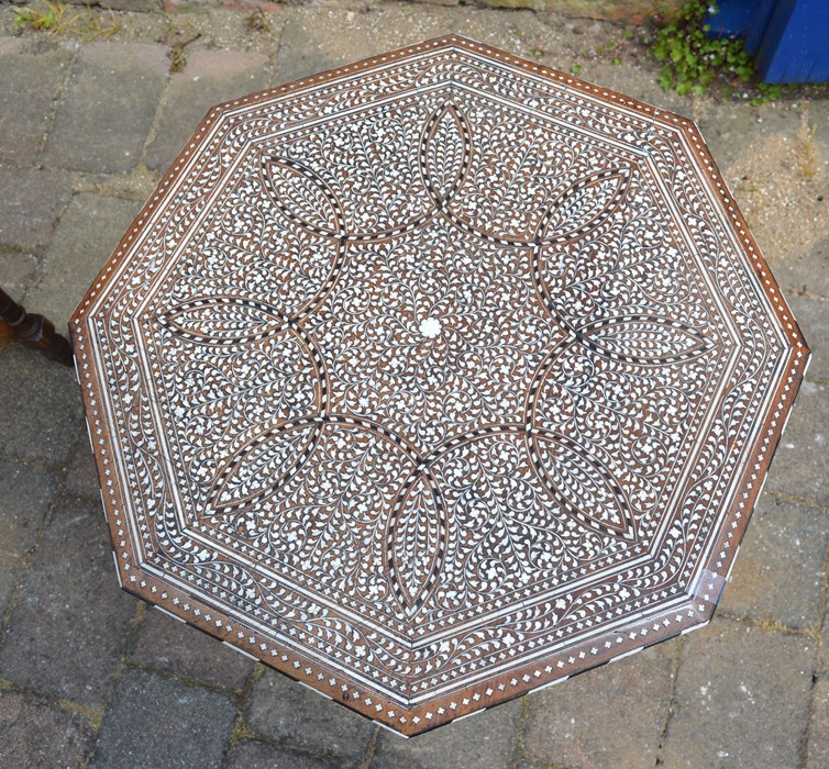 Eastern inlaid octagonal table on a folding base & inlaid with mahogany & ivory - Image 3 of 3