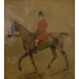 Framed mixed media sporting picture of John Stewart Lyon JP of Kirkmichael on horse back by George