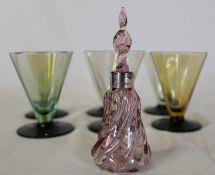 6 conical lustre glasses and twisted pale pink glass scent bottle with silver collar Birmingham