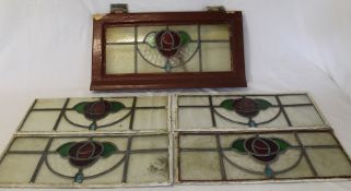 Window frame panel with leaded glass and 4 matching leaded glass panels