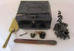 Tin box and two locks, pewter candlestick, page turner and crumb tray