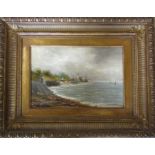 Gilt framed oil on board of a harbour scene 47.5 cm x 37 cm (size including frame)