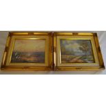 Pair of gilt framed oil on canvas paintings of a landscape & a view across sand dunes signed