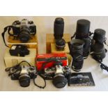 Nikon FA SLR camera & 2 Olympus OM10 cameras, Nikon Speed Light flash, 2 Nikon lenses (zoom 70-210 &