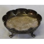 Small silver dish with scalloped edge on four scroll feet London 1935 3.63ozt