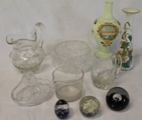 Selection of glass including wine glass rinser, commemorative paperweight, hand-painted vase etc.