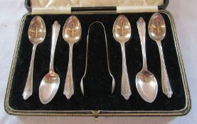 Cased set of silver teaspoons and sugar tongs Birmingham 1935 weight 3.58 ozt