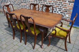 Early 20th century mahogany draw leaf dining table extending to 183 cm W 92 cm and 6 Queen Anne