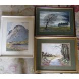 Watercolours by E Grieg Hall & Anne Gill & a framed print