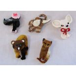 5 brand new Lea Stein style animal brooches inc elephant, bear, dog and cat