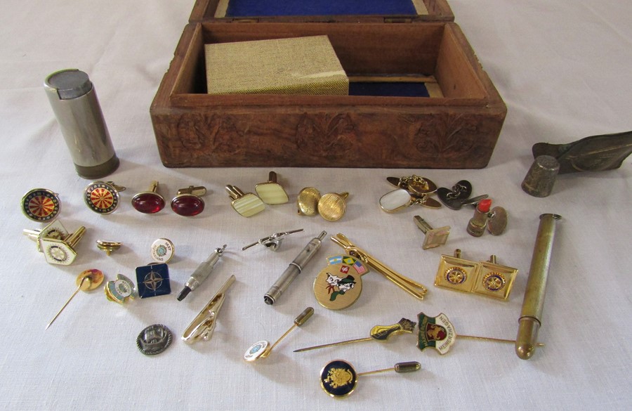 Box containing selection of cufflinks and tie pins etc inc Rotary Club, coin shotgun cartridge