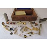 Box containing selection of cufflinks and tie pins etc inc Rotary Club, coin shotgun cartridge