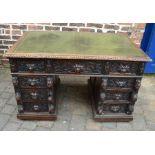 Late 19th/early 20th century heavy carved oak twin pedestal desk