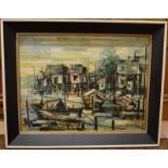 Abstract oil on board of a harbour scene signed S Meng '61 frame size 73cm by 59cm