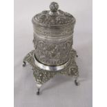 Anglo Indian / Malaysian white metal decorative canister on stand H 15 cm (repair to leg) weight 7.