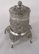 Anglo Indian / Malaysian white metal decorative canister on stand H 15 cm (repair to leg) weight 7.