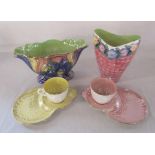 2 Maling lustre ware vases H 20 cm and 15 cm and two Maling cups and saucers