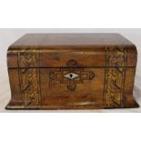 Victorian walnut sewing box with bands of Tunbridge ware inlay (damage to lid and some veneer loss)