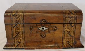 Victorian walnut sewing box with bands of Tunbridge ware inlay (damage to lid and some veneer loss)