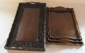 Large carved oak tray & 3 graduated oak trays