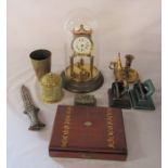 Selection of brassware, anniversary clock, dagger (af) and inlaid wooden box etc