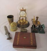Selection of brassware, anniversary clock, dagger (af) and inlaid wooden box etc