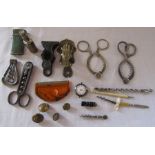 Various items inc corkscrews, mini pick and file, buttons, lighter, small agate whistle, silver