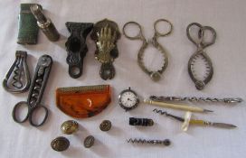 Various items inc corkscrews, mini pick and file, buttons, lighter, small agate whistle, silver