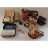 Assorted hip flasks, glasses, shavers, razors and pipe