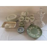 Various ceramics inc Wedgwood and Heals & 2 cut glass decanters and silver plate