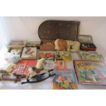 Selection of vintage toys including wooden jigsaws and bagatelle board