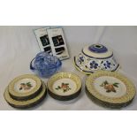 Johnson Bros "Fruit Sampler" part dinner service, large blue glass bowl and 6 small dishes,