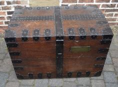 19th century oak sea chest with wrought iron strap work & 4 drop handles with brass name plate