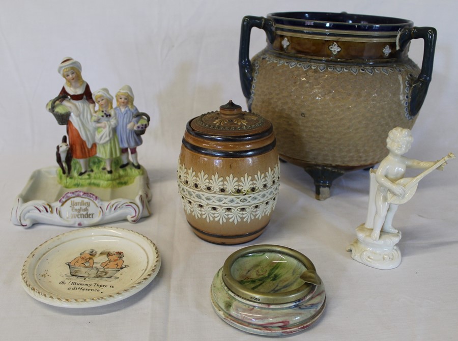 Doulton Lambeth lidded jar, similar jardiniere (af) Yardley English Lavender soap stand etc.