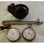 2 Swiss silver ladies fob watches, leather holder & silver fob chain 0.84 ozt
