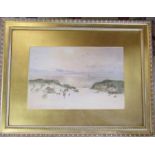 Victorian gilt framed watercolour of a beach scene with a ship in the distance by John Nesbitt