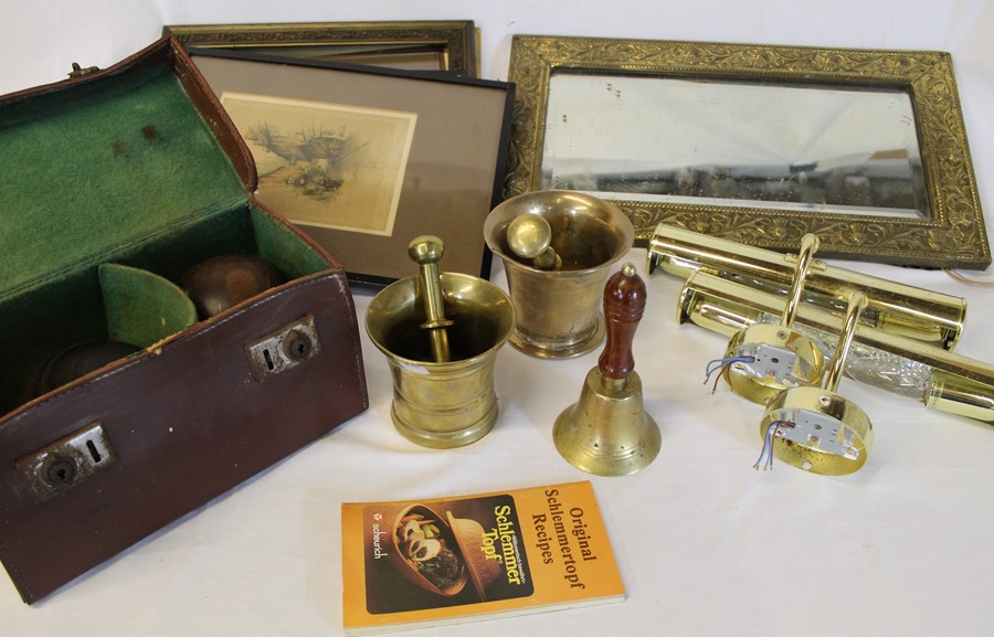 2 brass pestles & mortars, pair of cased bowls, brass framed mirror, 2 picture lights & small