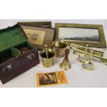 2 brass pestles & mortars, pair of cased bowls, brass framed mirror, 2 picture lights & small