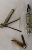 World War One whistle dated 1916 with broad arrow mark & remains of original leather strap,