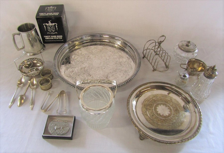 Various silver plate and pewter including sugar tongs, toast rack, tray & spoons