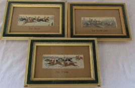 3 framed Stevengraph woven silk pictures - The Start, The Water Jump & The Finish 27 cm x 18 cm (