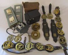 Various horse brasses, Kodak box camera & a Kodak Brownie 44A, trench art and 2 photograph albums