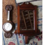 Mahogany wall mirror with shelf (one finial missing) & barometer