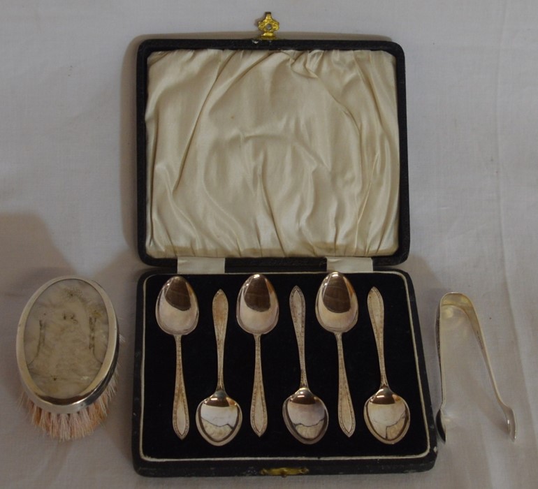 Cased set of six silver teaspoons, silver sugar bows & a silver rimmed christening brush