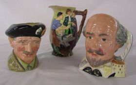 2 Royal Doulton large character jugs 'Monty' and 'William Shakespeare' together with a Burleigh ware
