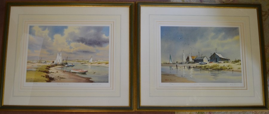 Pair of large framed limited edition prints by Denis Pannett of small boats in a haven 'Ready for