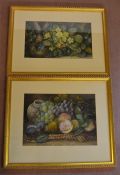 Pair of still life watercolours of fruit & flowers. Largest frame size 53cm by 44cm